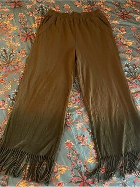 Women's Olive Fringe Wide-Leg Pants